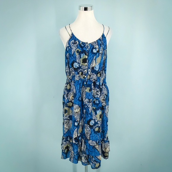 Banana Republic Size 14 Blue Print Cotton Silk Button Fit Flare Midi Dress - Picture 1 of 6